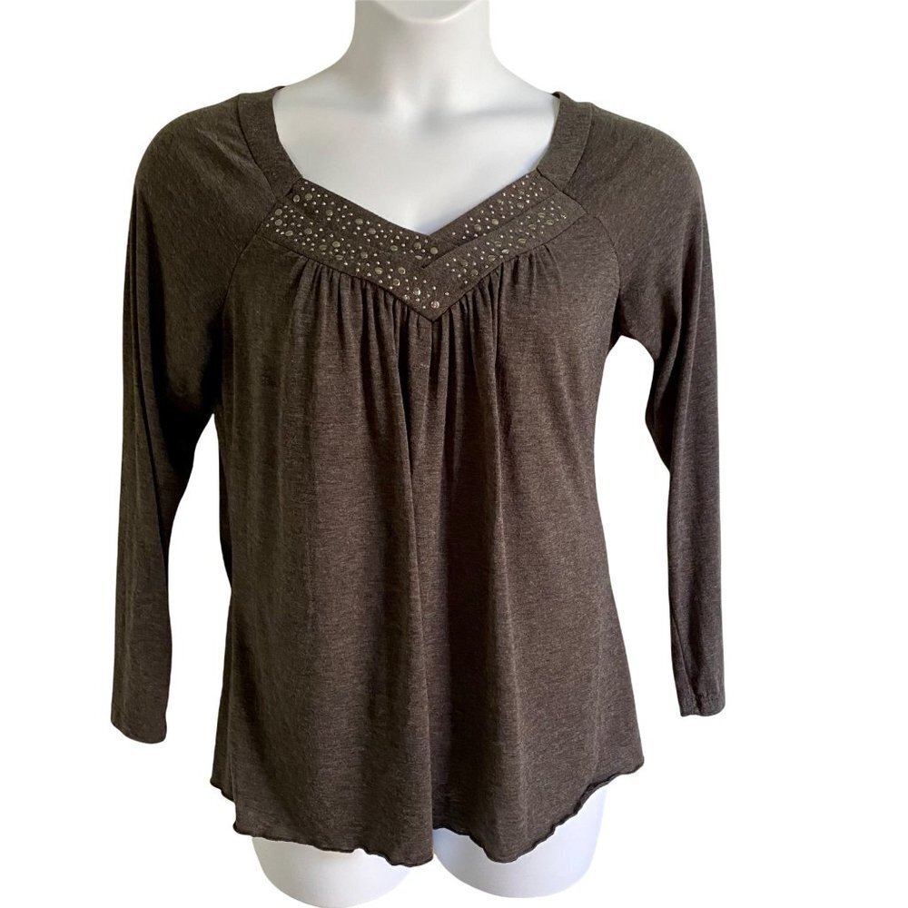Perseption Long Sleeve Grey Embellished Top Large